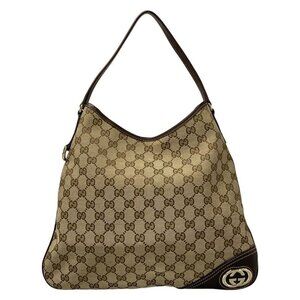 Gucci Shoulder Bag GG Pattern New Brit Dark Brown Beige Leather Dark Brown X